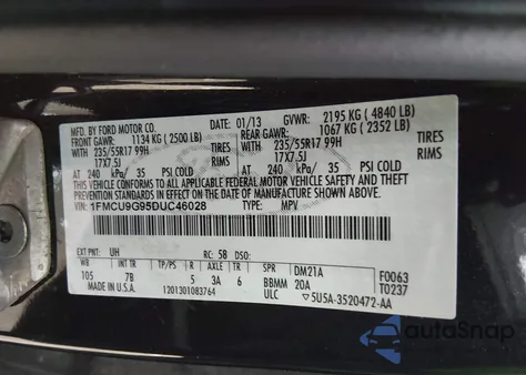 2013 Ford Escape Se from USA, damaged, VIN 1FMCU9G95DUC46028